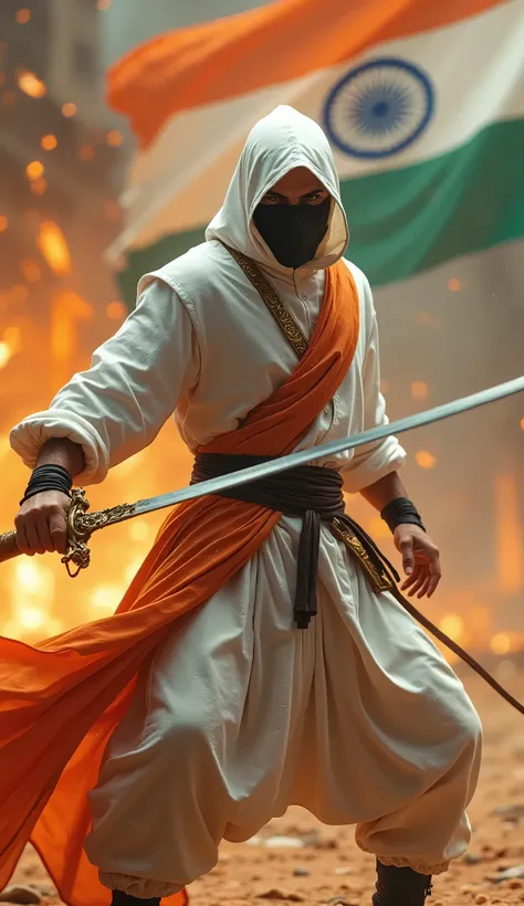 Ninja from India, epic and scary looking with cinematic style, colorful background, he is wearing white and orange ninja style clothes, India flag in the background