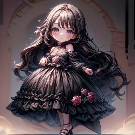 attractive face、chibi、、black clothes、long sleeves with flared cuffs、shoulders are exposed、one piece flare skirt、rabbit with stuf...