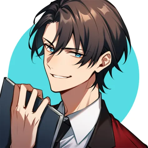 1boy, red suit and black tie, medium long brown hair, blue eyes, smirking, holding up a clipboard