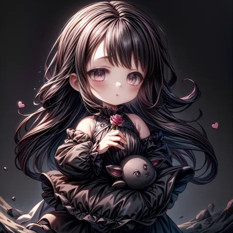 attractive face、chibi、、black clothes、long sleeves with flared cuffs、shoulders are exposed、one piece flare skirt、rabbit with stuf...