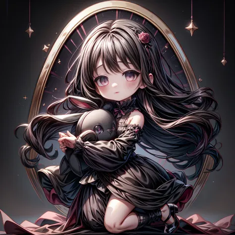 attractive face、chibi、、black clothes、long sleeves with flared cuffs、shoulders are exposed、one piece flare skirt、rabbit with stuf...