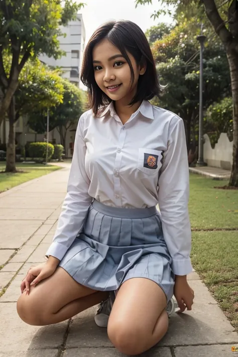 young sweet beautiful bogor city school girl, slim body, very georgeus face, , wearing indonesian white and grey uniform, long s...