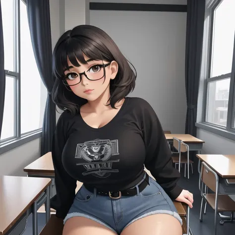 A cute petite short skinny slightly curvy emo mexican girl, short wild volumetric hair, one wearing glasses, beautiful detailed brown eyes, cutely detailed lips, extremely cute detailed eyes and face, busty, voluptuous breasts, deep cleavage, wide curvy pe...