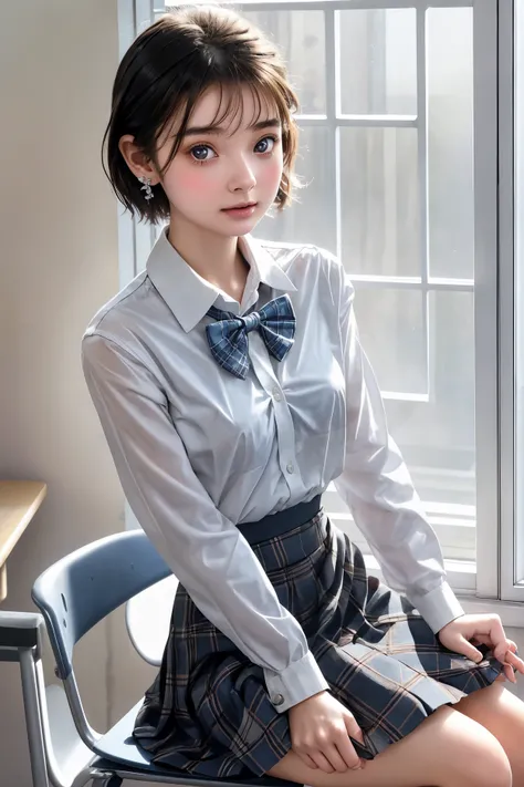 photograph, Beautiful young girl, sitting with legs splayed on a small metal chair, Writing in notebooks on students&#39; desks, Wearing a tight, soaking wet white blouse and a tartan skirt, Bow tie, Earrings,Fascinating short hair, Small breasts, indoor, ...