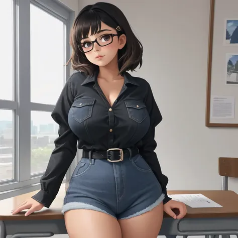 a cute petite short skinny slightly curvy emo mexican girl, short wild volumetric hair, one wearing glasses, beautiful detailed ...