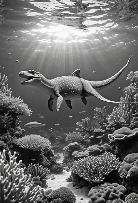 An image of a Mosasaurus swimming among corals and fish in the ocean, black and white image, Photo for children, made to color, tropical sea creatures ideal for kids to color. black and white images. It is a playful and friendly representation of the dinos...