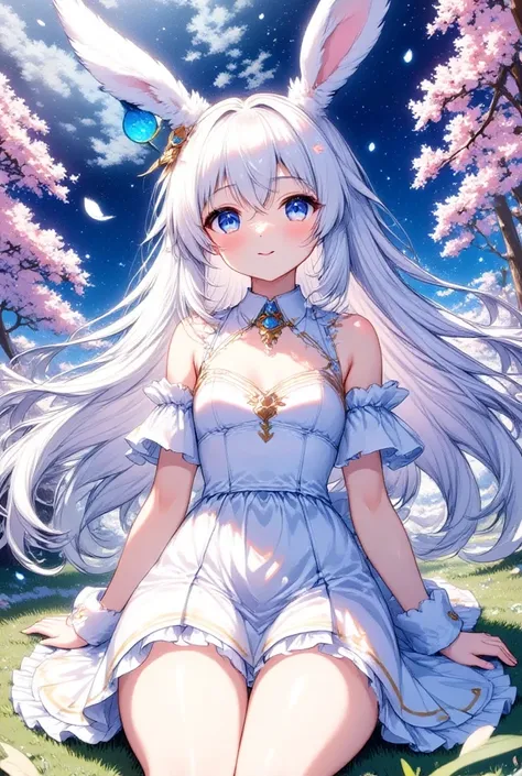 (beautiful girl: 1.3),one girl, full body shot, bunny ears, usamimi guardian, small breasts, beautiful long silvery white hair, ...