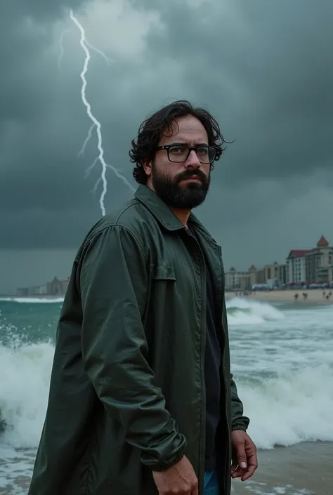 **"A 3 man, manly appearance and wearing dark glasses, stands in front of a raging ocean as a Category 5 hurricane hits with fury. Hurricane-force winds raise debris and water, His dark raincoat flaps violently. His face is marked by heavy raindrops, with ...