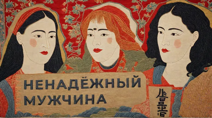 three women, Below is a two-line inscription, Women wear embroidered tapestry clothing, real, unembroidered faces, real faces, the background is embroidered