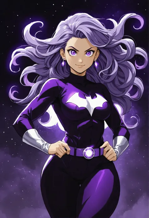 make me a picture of a character from the anime boku no hero,  your hair is big, dark purple and wavy,  your eyes are lilac, She has small silver piercings in her ear. She has powers so her hair is flying and her eyes and hands glow with purple energy, she...