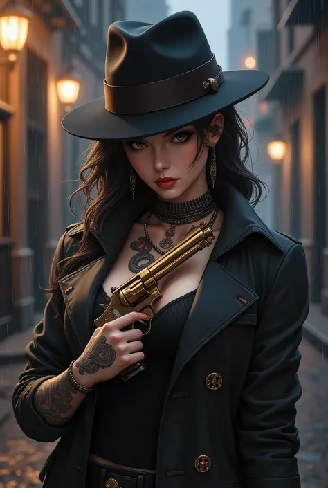 female mob boss in a stylish trenchcoat, fedora hat, holding a big golden revolver, rain falling in a dark night city alley, ill...