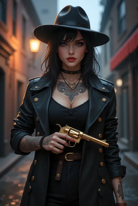 female mob boss in a stylish trenchcoat, fedora hat, holding a big golden revolver, rain falling in a dark night city alley, ill...