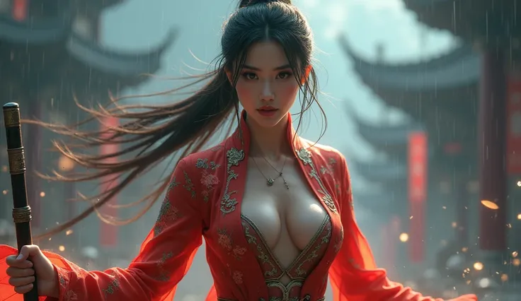 Score_9, score_8_up, score_7_up,((Full body)), (looking at viewer, front facing viewer), digital art ilustration, depth of field, cinematic light, chiarosaurio, mist, particles, sparks,reflections, beautiful Chinese Wuxia woman with big breasts in revealin...