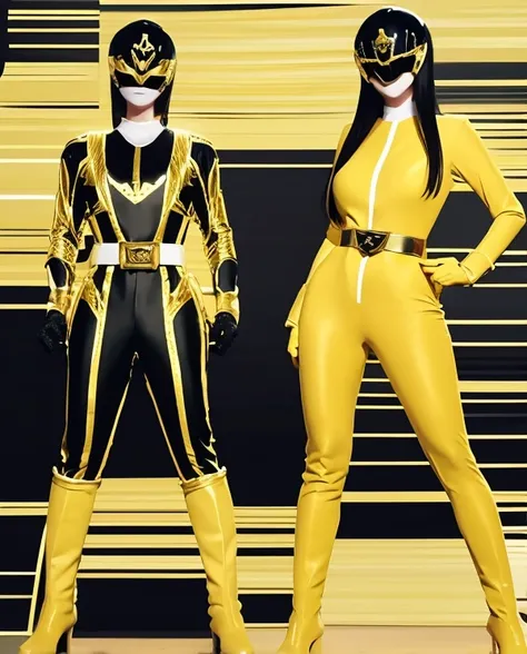 A woman smile, gold ranger suit, as she power rangers gold, full body , helmet mask, long hair, high detailed, realistic, gloves, ultra realistic, ((full face helmet)), black shield sunglasses on eyes, smart black sunglasses 