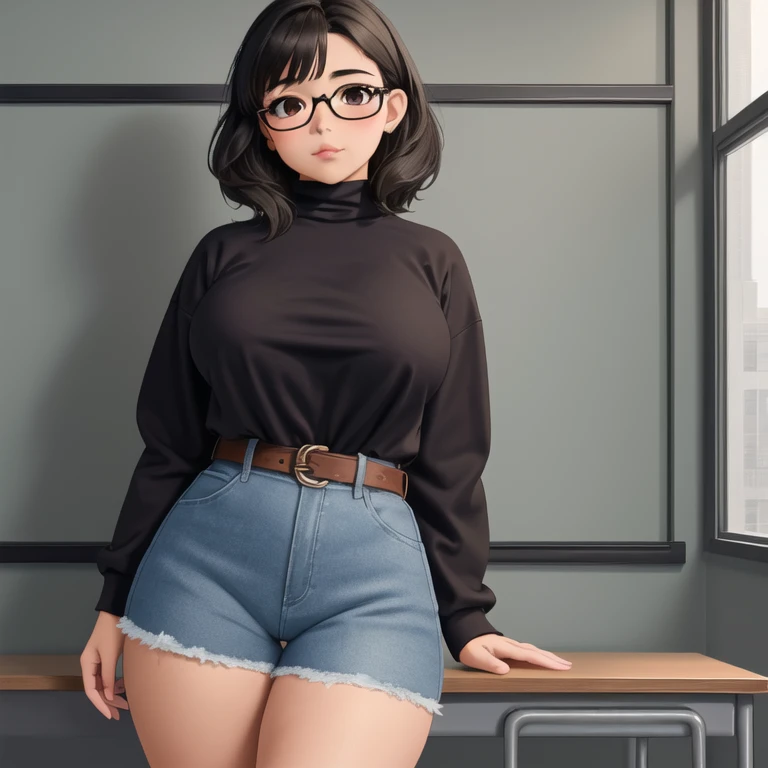 a cute petite short skinny slightly curvy emo mexican girl, short wild volumetric hair, one wearing glasses, beautiful detailed ...