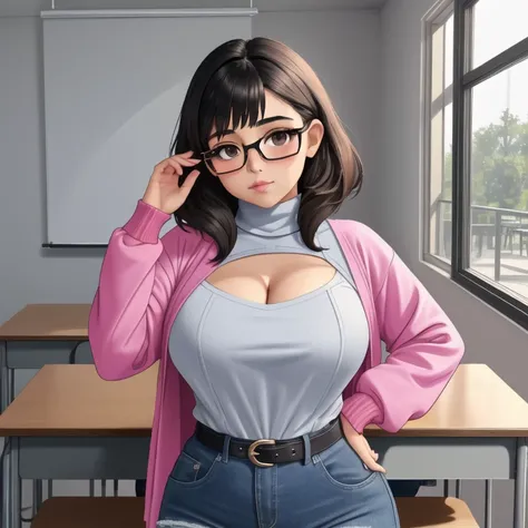 a cute petite short skinny slightly curvy emo mexican girl, short wild volumetric hair, one wearing glasses, beautiful detailed ...