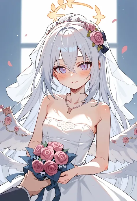 azusa (blue archive), 1girl alternate_costume angel_wings bare_shoulders blush bouquet breasts bridal_veil bride cleavage closed...