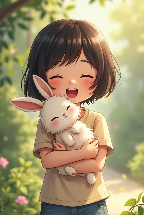 Short-haired Korean girl smiling with a rabbit in her arms