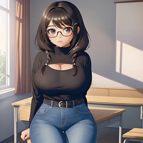 a cute petite short skinny slightly curvy emo mexican girl, short wild volumetric hair, one wearing glasses, beautiful detailed ...