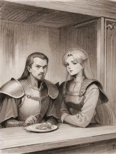 (masterpiece, highest quality, very detailed: 1.5), (portrait, on), black and white, ((sepia)), ((pencil drawing)), fantasy, medieval europe, art nouveau, western painting, man and woman chatting at a bar counter, leather armor, plate mail, ((several noble...