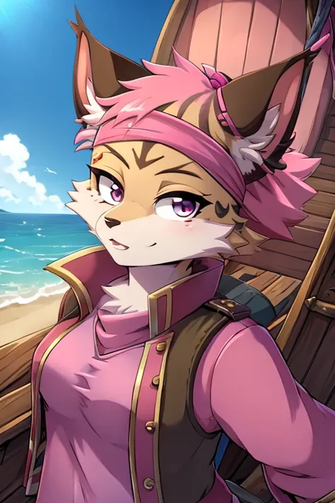 female fluffy pirate cat,(( pink pirate headband)) for 1 eye, spot on one eye, scull, in military clothes, in the sky on a flyin...