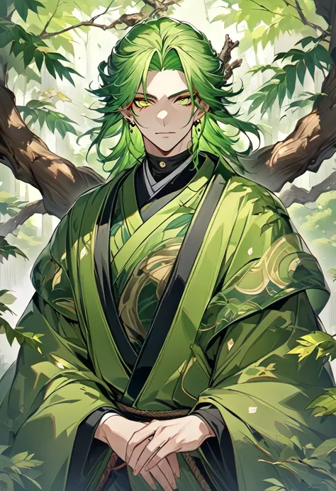 Hesha has an exotic and imposing appearance, with long, green hair, and a traditional ninja outfit, matching a green cloak that is made from leaves and tree branches. He has clear, piercing eyes, which reflect his wisdom and inner peace, 8k high definition