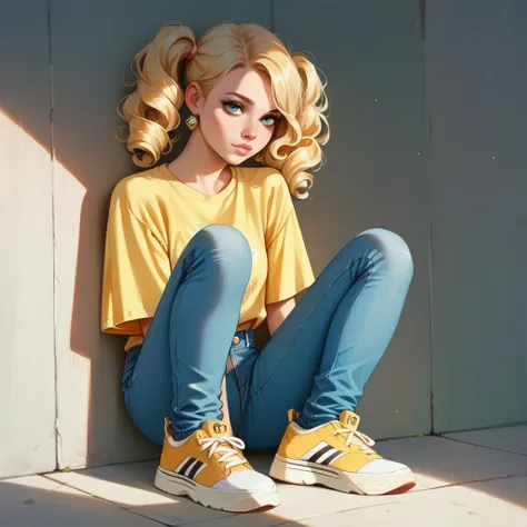 1girl, curly hair, twin tails, blonde hair, soft pink lips, yellow shirt, denim blue jeans with holes, yellow sneakers, sun earr...