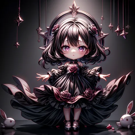 attractive face、chibi、、black clothes、long sleeves with flared cuffs、shoulders are exposed、one piece flare skirt、rabbit with stuf...