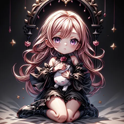 attractive face、chibi、3ⅾ、hhd,3dcg,black clothes、long sleeves with flared cuffs、shoulders are exposed、one piece flare skirt、rabbi...