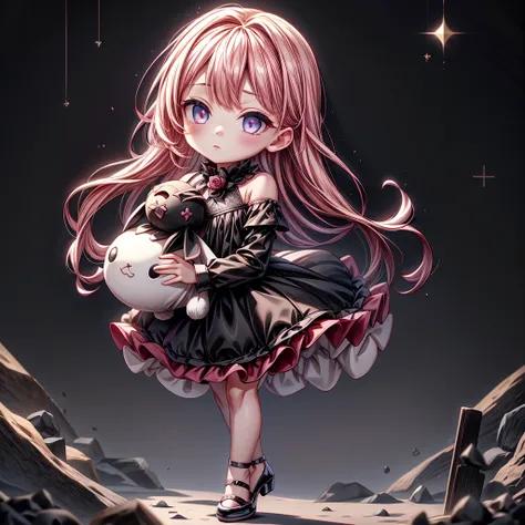 attractive face、chibi、3ⅾ、hhd,3dcg,black clothes、long sleeves with flared cuffs、shoulders are exposed、one piece flare skirt、rabbi...