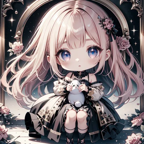 Attractive face、Chibi、3Ⅾ、HHD,3DCG,Black clothes、Long sleeves with flared cuffs、Shoulders are exposed、One piece flare skirt、Rabbit with stuffed toy、Black and floral pink palette、Gothic Shoes、Positive、Black Rose、🌙、Perfect Anatomy、heart、Best Quality、Masterpie...