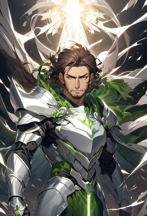 miron has dark brown hair, bright green eyes, and a stubble beard. he wears silver armor that covers his entire body and wields ...