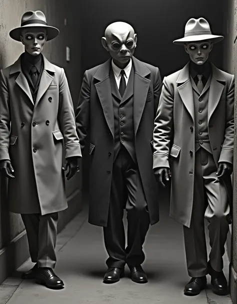 Godfather Mafia Boss, captured mafia boss. 2 grey aliens and 1 mafia boss, 2 aliens in trench coats and hats and 1 mafia boss being dragged by the hand, mafia boss in the middle, space alien. 2 aliens in trench coats, detective outfit, mystery theme, alien...