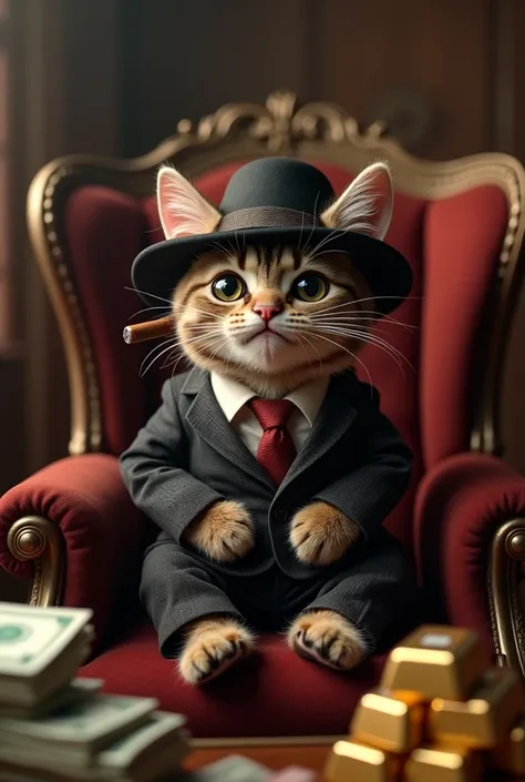 Adorable cat dressed as a mafia boss, wearing a tiny pinstripe suit and a fedora hat, holding a toy cigar in its mouth, sitting confidently on a plush velvet chair, surrounded by stacks of toy money and miniature gold bars, mischievous expression with big,...