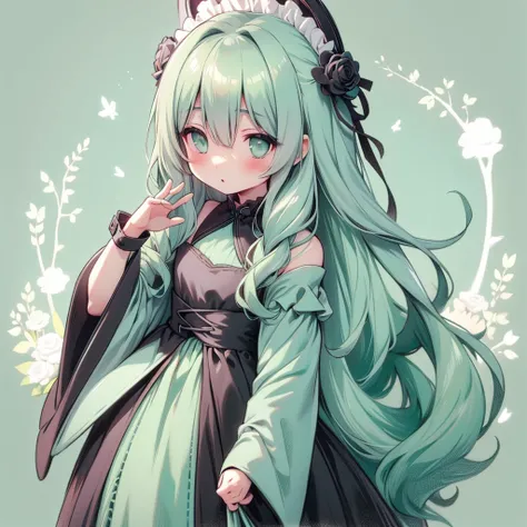 Attractive face、Chibi、(Beautiful Eyes、Detailed eyes)、Best Quality、The finest details、Mint Green Background、Black clothes、Long sleeves with flared cuffs、Shoulders are exposed、One piece flare skirt、Rabbit with stuffed toy、Black and mint green palette、Gothic ...