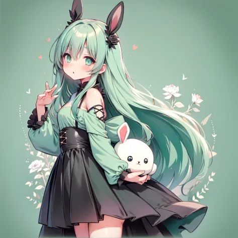 Attractive face、Chibi、(Beautiful Eyes、Detailed eyes)、Best Quality、The finest details、Mint Green Background、Black clothes、Long sleeves with flared cuffs、Shoulders are exposed、One piece flare skirt、Rabbit with stuffed toy、Black and mint green palette、Gothic ...