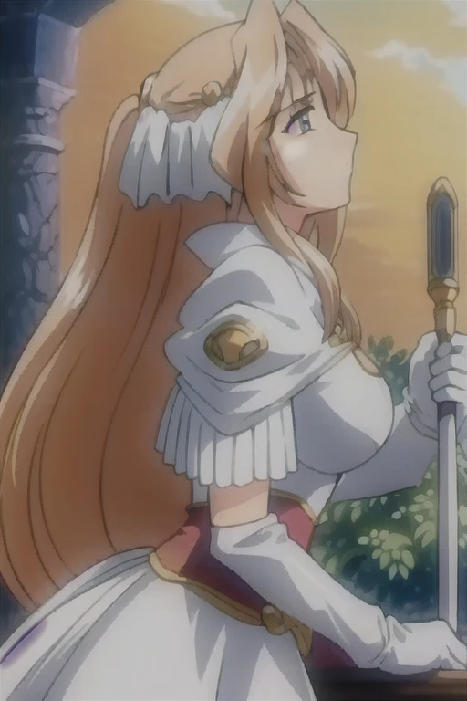 (((Best quality))),((Ultra-detailed)),((illustration)),((Disheveled hair)),((frilld)),(1 girl),(Solo), 1girl,armor,dress,elbow gloves,gloves,holding,long hair,looking at viewer,profile,puffy sleeves,solo,very long hair,weapon,white gloves,from side, blue e...