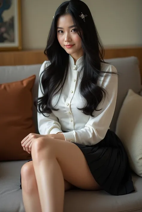 A beautiful Thai female student, 20 years old, wearing a Thai student uniform, a short skirt, and black high heels, sitting on a sofa posing for a photo, with long hair., Black hair, chest, chestใหญ่, decorationsผม, decorations, 