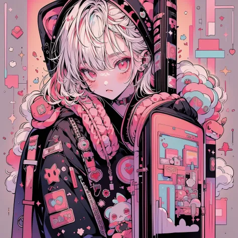 The best configuration、Golden Ratio、Punk Rock Emo Girl, Long neon white hair, , Red eyes, thin,  Harajuku-style hooded kimono,  1 person,Kawaii Tech,