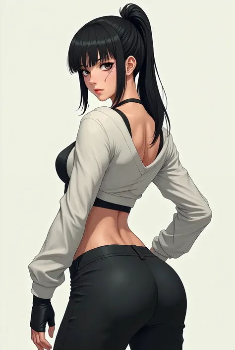 ((Artwork, 8K, very detailed)), 1 woman, Japanese ethnicity, black eye iris color, very strong body, straight black tied hair, scar on left eye, wearing white sweater, wearing black fingerless gloves, loose black pants, focused look. aparecer personagem co...