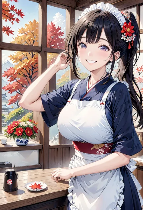 I work at a Japanese cafe、The interior of the restaurant、A perfect blend of modern and traditional elements, Create a unique and attractive atmosphere、cute、One Woman、(((Black Hair、Big Breasts)))High resolution, 超High resolution, Best Quality, ponytail、noon...