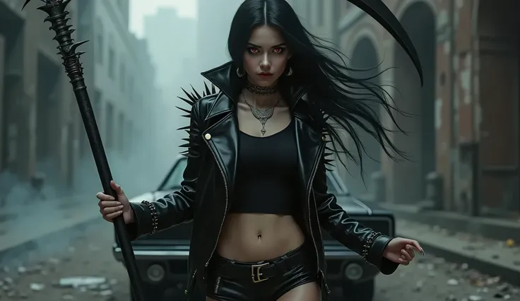 This is an image of a female anime character. highly detailed image "Create a young vampire character with long black hair, wearing a black spiked jacket and leather shorts, holding a spiked scythe The details are intricate. The character must have a dark ...