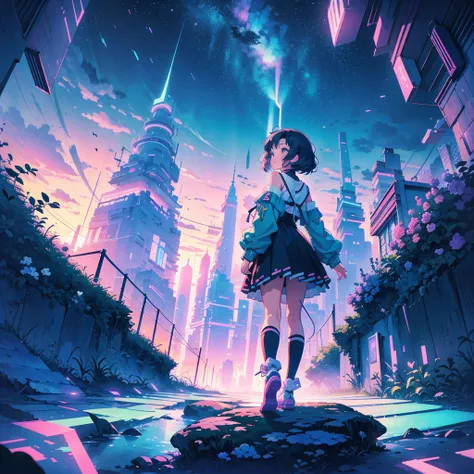 (green palete:0.7),1 girl,kawaiitech, Pastel colors, kawaii, cutecolors,As night fell,numbness,from below, anime still,landscape,from below, anime still,panoramic landscape(vaporwave aesthetic:1.2)