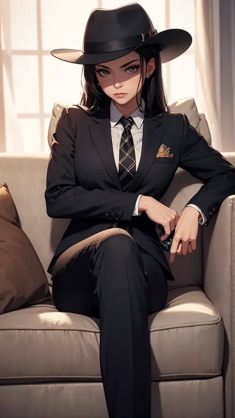 masterpiece, best quality, 1girl, mafia boss, black hair, fedora hat, wearing fedora, detailed face, eyelashes, grey suit, grey blazer, intricate suit, embroidered blazer, black striped tie, suit pants, pants, crossed arms, crossing arms, sitting on couch,...