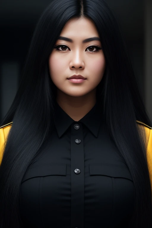 most very jet black hair , very long hair, very wolf hair, thick hair,fluffy hair,most very heavy-weight hairstyle,most very stiff hair,most very voluminous hair,female jail officer,black uniform,black pants,1 Japanese woman,most very mocking face,strict w...