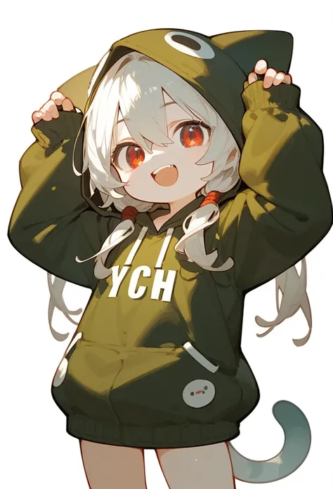 Score_9,Score_8_Excellent,Score_7_Excellent,One Girl,Alone,Hooded Chibi,bangs,standing,whole body,Open your mouth,In-person audience,hoodie,wearing a hood,Long sleeve,Hair between the eyes,The sleeves are longer than your fingers,white background,Red eyes,...