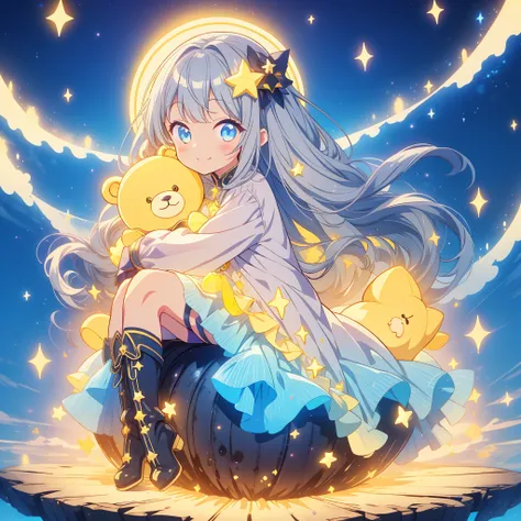 starの妖精、Perfect Anatomy、Full body Front portrait、Front、Front facing the viewer、One girl,Best Quality、masterpiece、Official Art、Super detailed、Very beautiful、Cute starの妖精、Gray Hair、Straight long hair、milky way、universe、star charm、star、baby face、Knee-high boo...