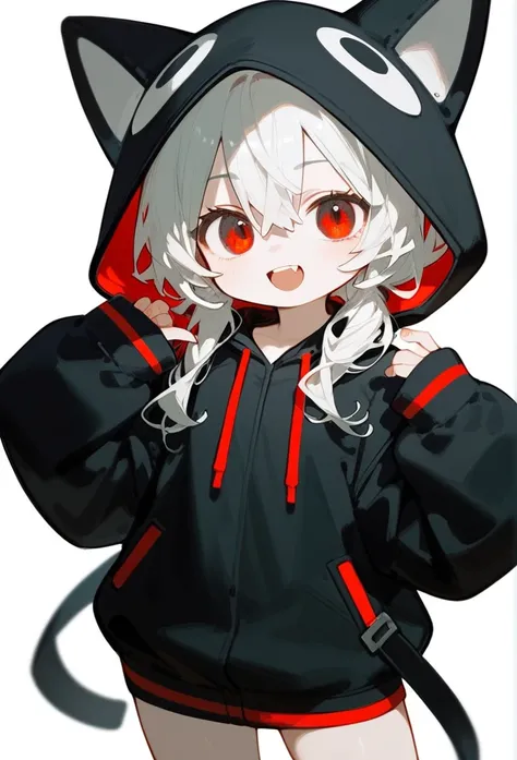 Score_9,Score_8_Excellent,Score_7_Excellent,One Girl,Alone,Hooded Chibi,bangs,standing,whole body,Open your mouth,In-person audience,hoodie,wearing a hood,Long sleeve,Hair between the eyes,The sleeves are longer than your fingers,white background,Red eyes,...