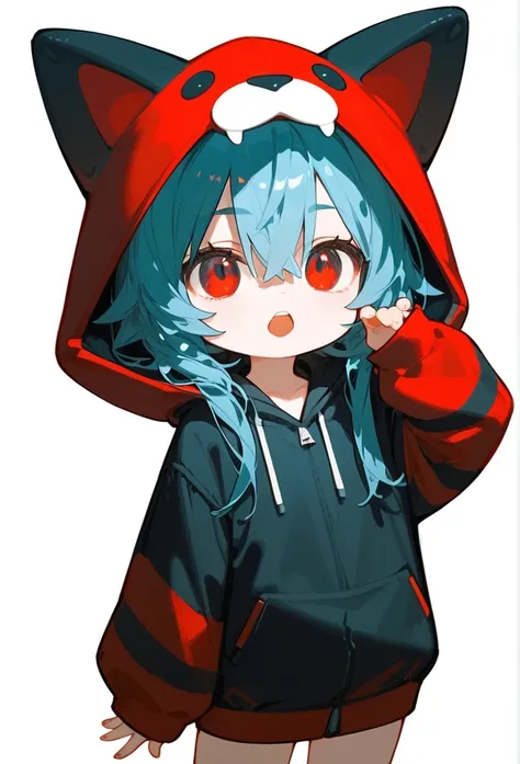 Score_9,Score_8_Excellent,Score_7_Excellent,One Girl,Alone,Hooded Chibi,bangs,standing,whole body,Open your mouth,In-person audience,hoodie,wearing a hood,Long sleeve,Hair between the eyes,The sleeves are longer than your fingers,white background,Red eyes,...