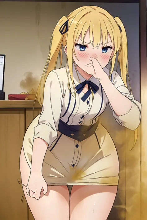 ((masutepiece, hight resolution,depth of fields, 4K,nffsw,))),Sawamura Spencer Eri々,a blond,Twin-tailed,Beautiful blue eyes, Girl farting from ass,You are smelling bad smells,Yellow smoke,Leaning forward,astonished face,cold sweat,((suprised)),((Im surpris...